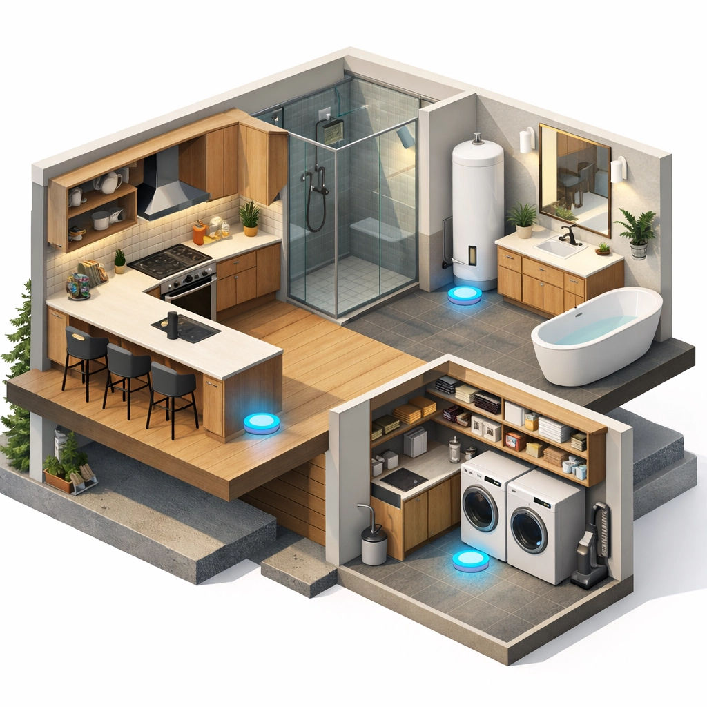 Strategic placement of a water leak detection system in a high-rise condo kitchen and laundry room.