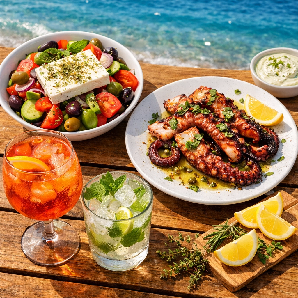 Greek salad, grilled octopus, and cocktails at Elia Beach restaurant in Mykonos