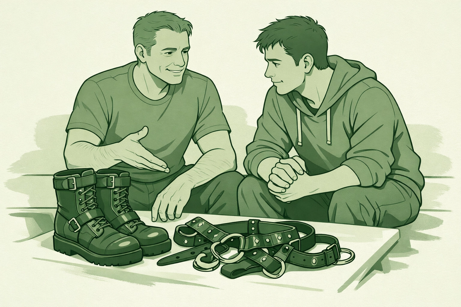Gay men discussing leather gear in mentorship scene from MM romance novel