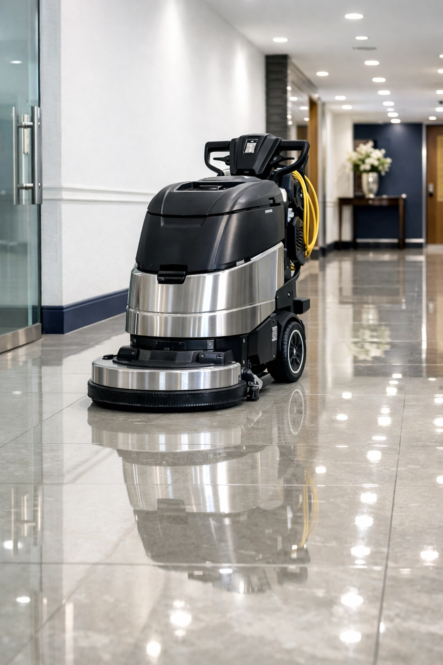High-gloss tile corridor and professional janitorial equipment in a Hingham commercial building.