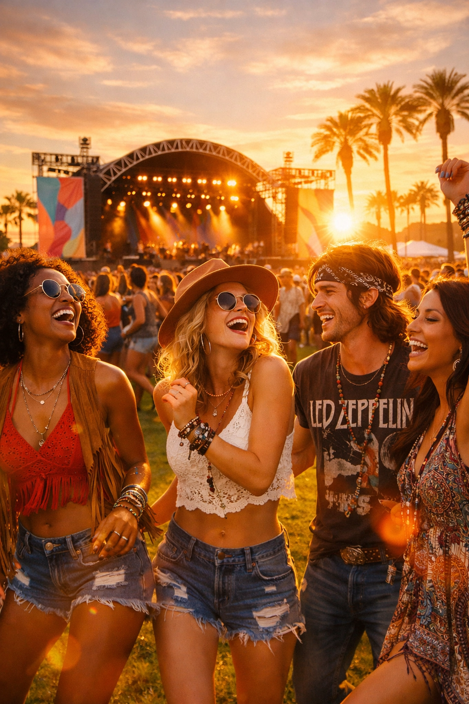 Fans dancing at an outdoor music festival during a sunny sunset event.