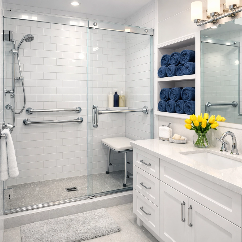 Spotless senior-friendly bathroom in Lunenburg featuring safety bars and deep-cleaned surfaces.