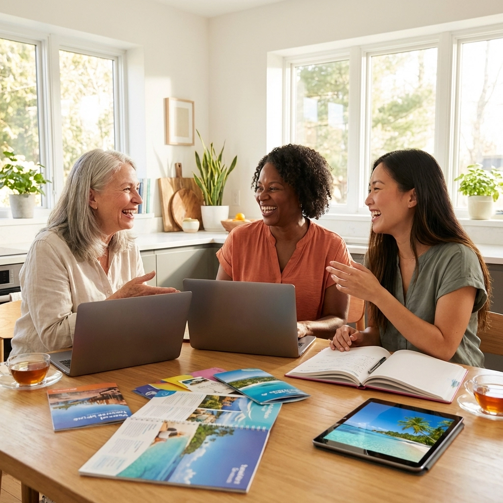 Three women collaborating at a kitchen table with travel brochures and laptops, representing supportive travel advisor team culture