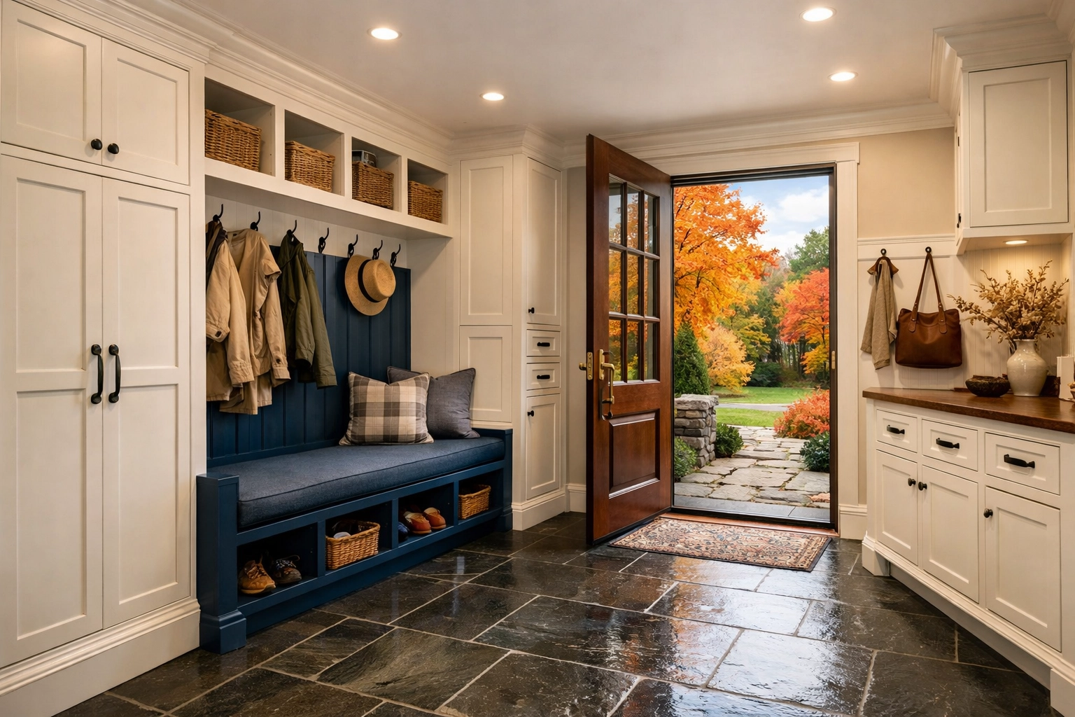 Spotless mudroom entryway in a Harvard home with clean slate floors and views of Massachusetts foliage.