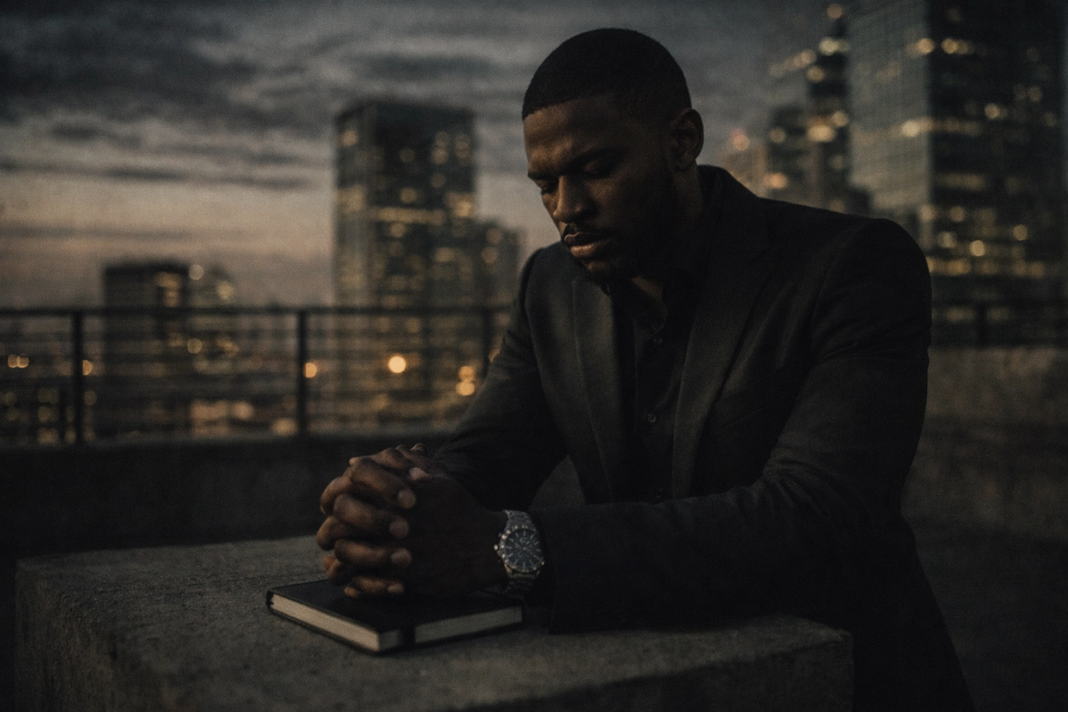 Young Black professional in contemplation representing faith-based identity development and internal architecture