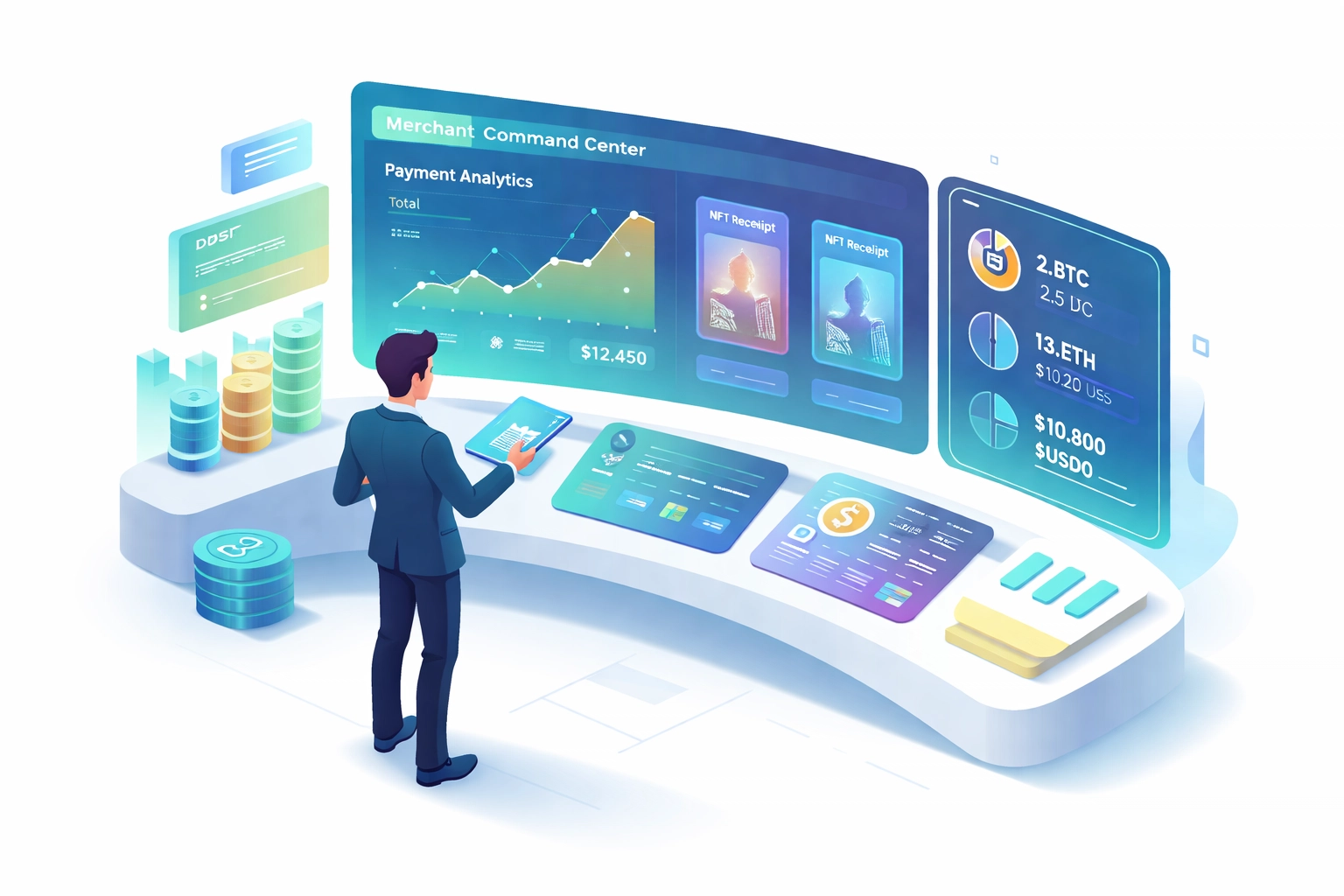 A futuristic merchant dashboard with payment analytics, NFT receipts, and crypto balances, highlighting complete control for crypto payment processors.