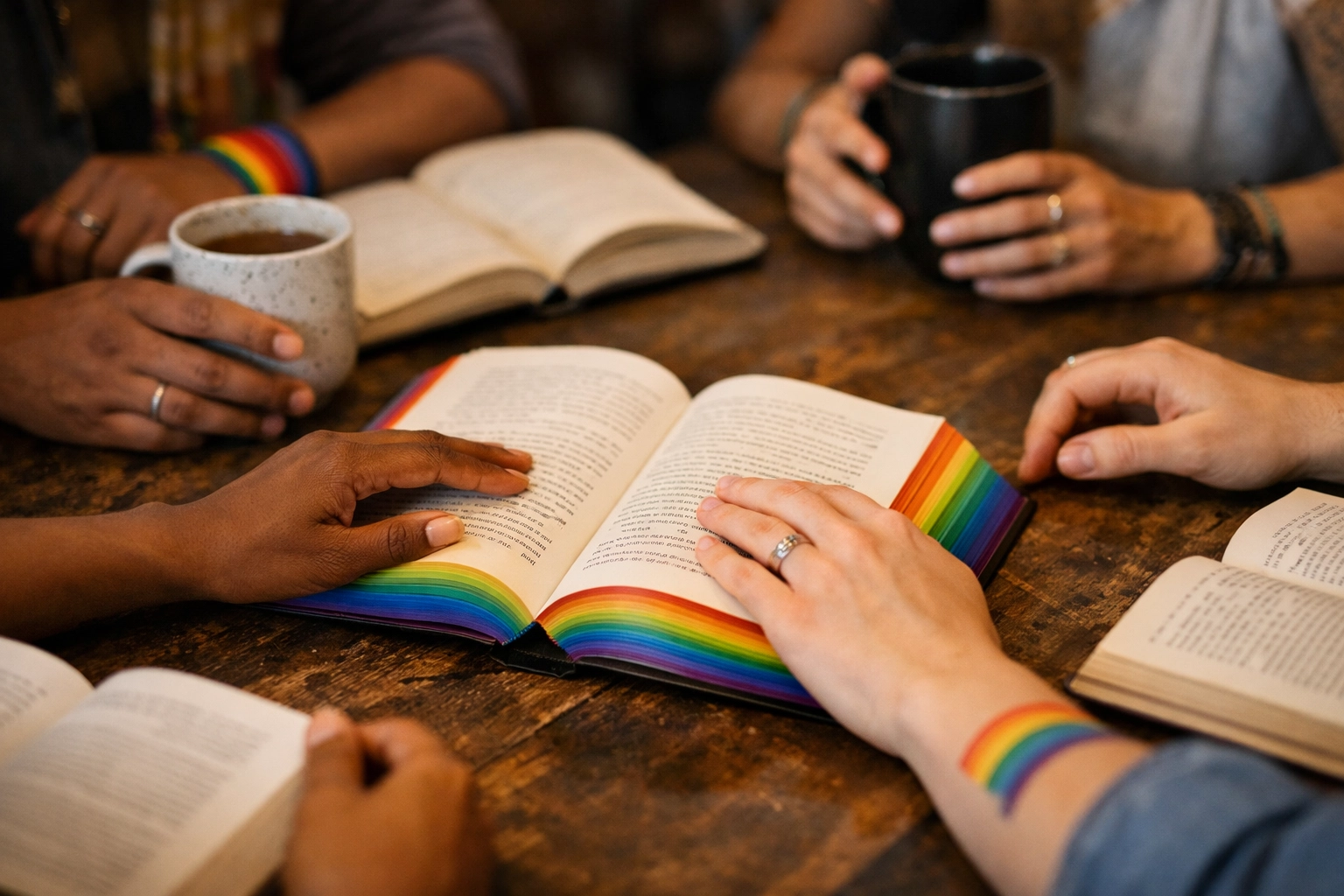 Diverse LGBTQ+ community members sharing stories at a local book club meeting over coffee.