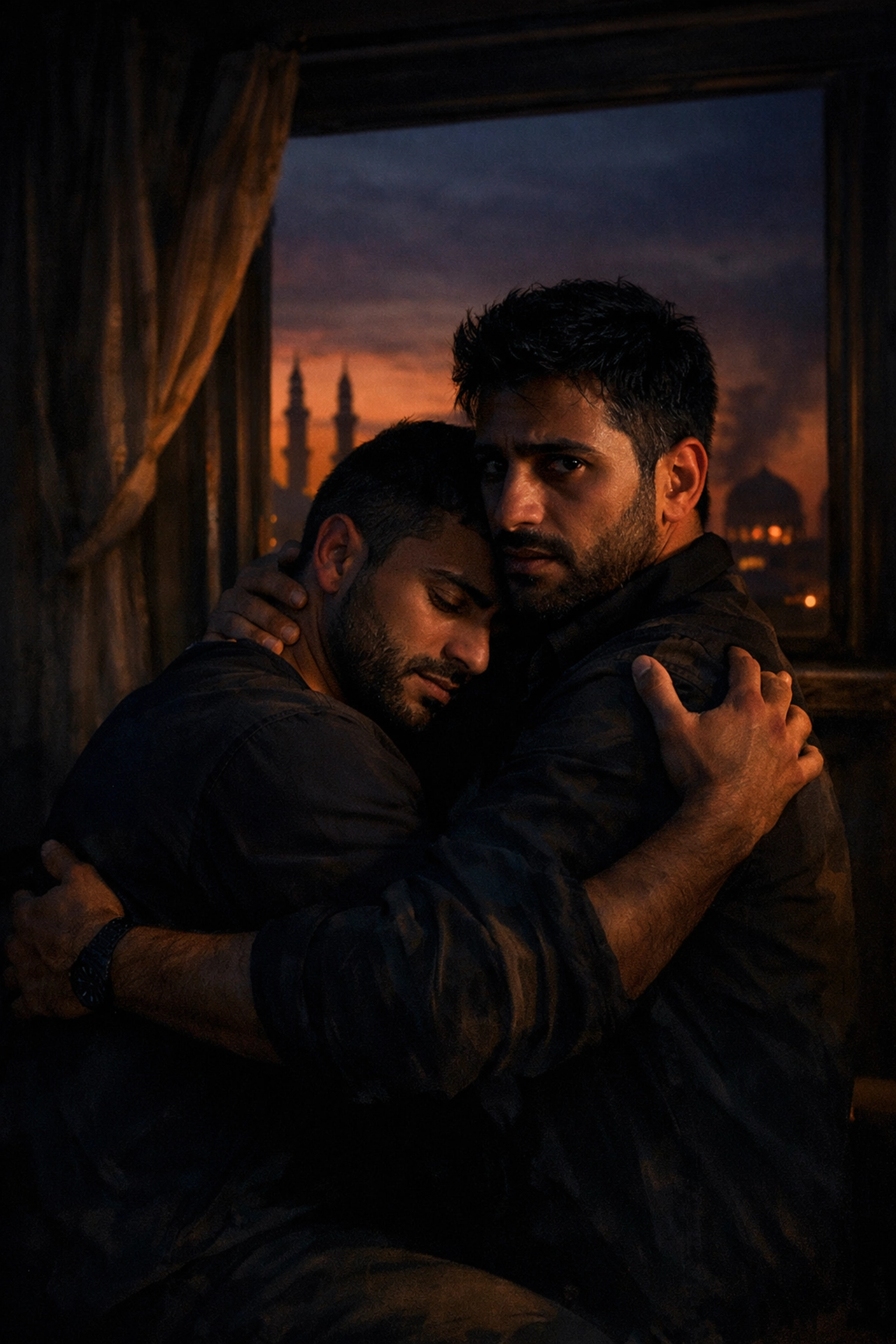 Gay couple embracing secretly in Baghdad, illustrating LGBTQ+ persecution in Iraq