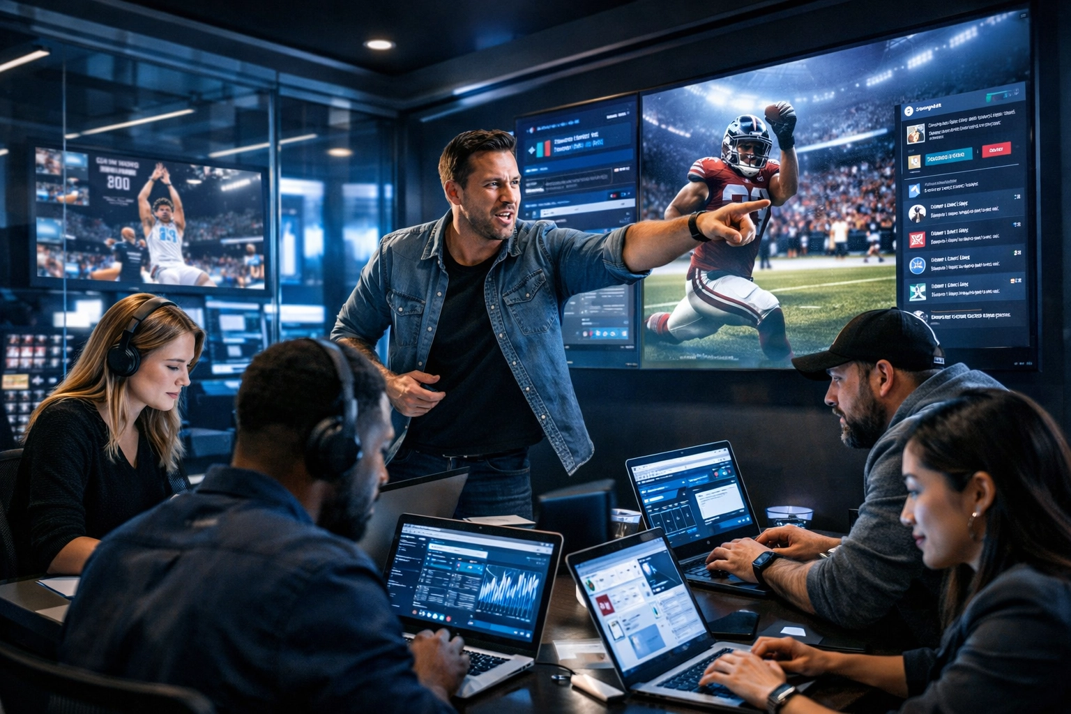 Digital marketing experts in a command center coordinating a large-scale NIL athlete campaign.