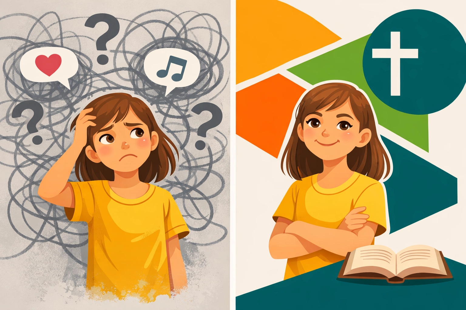 Girl transforming from confusion to confidence through faith-based puberty guidance