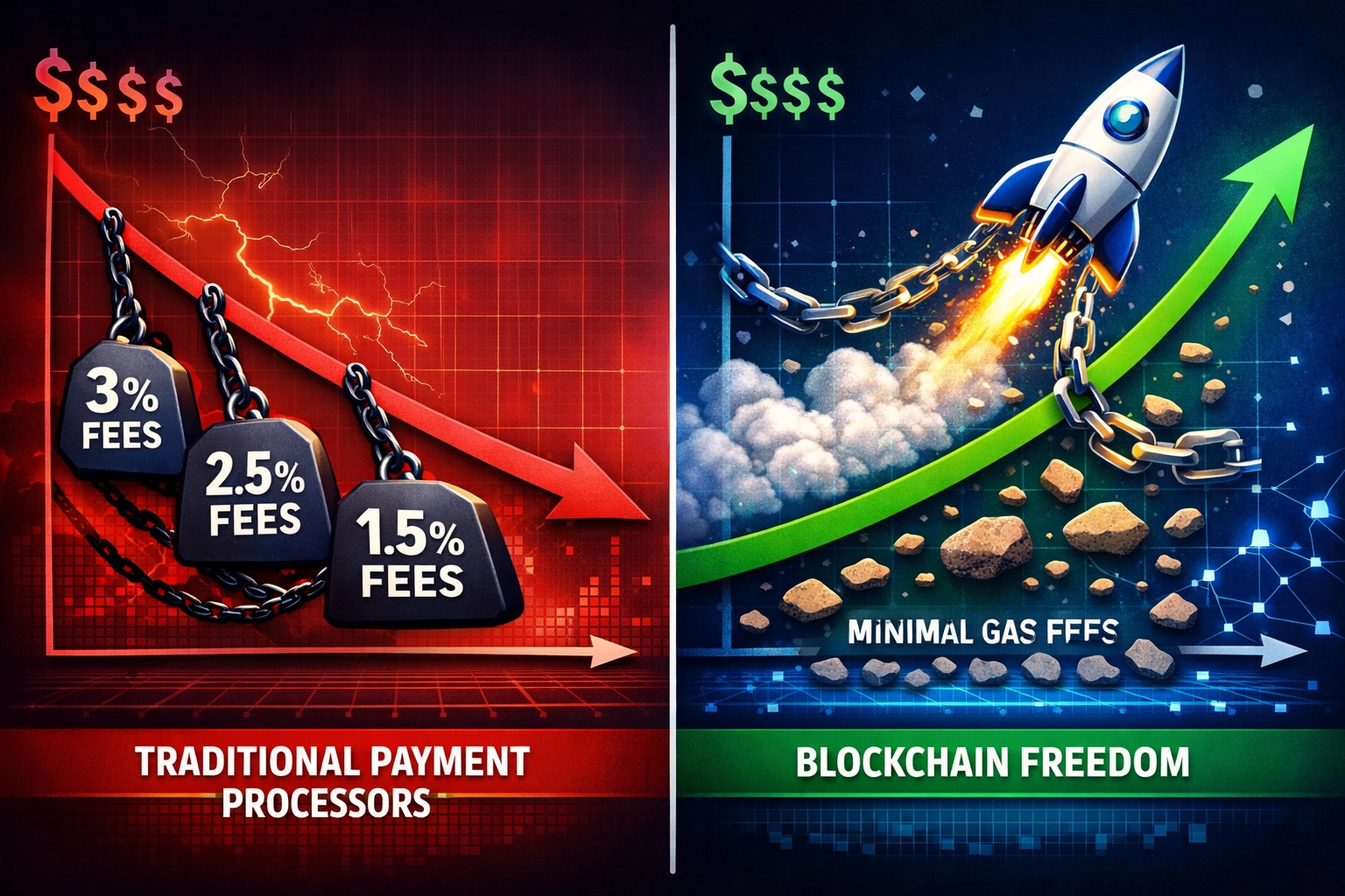 Crypto payment fees comparison showing percentage fees versus gas-only costs