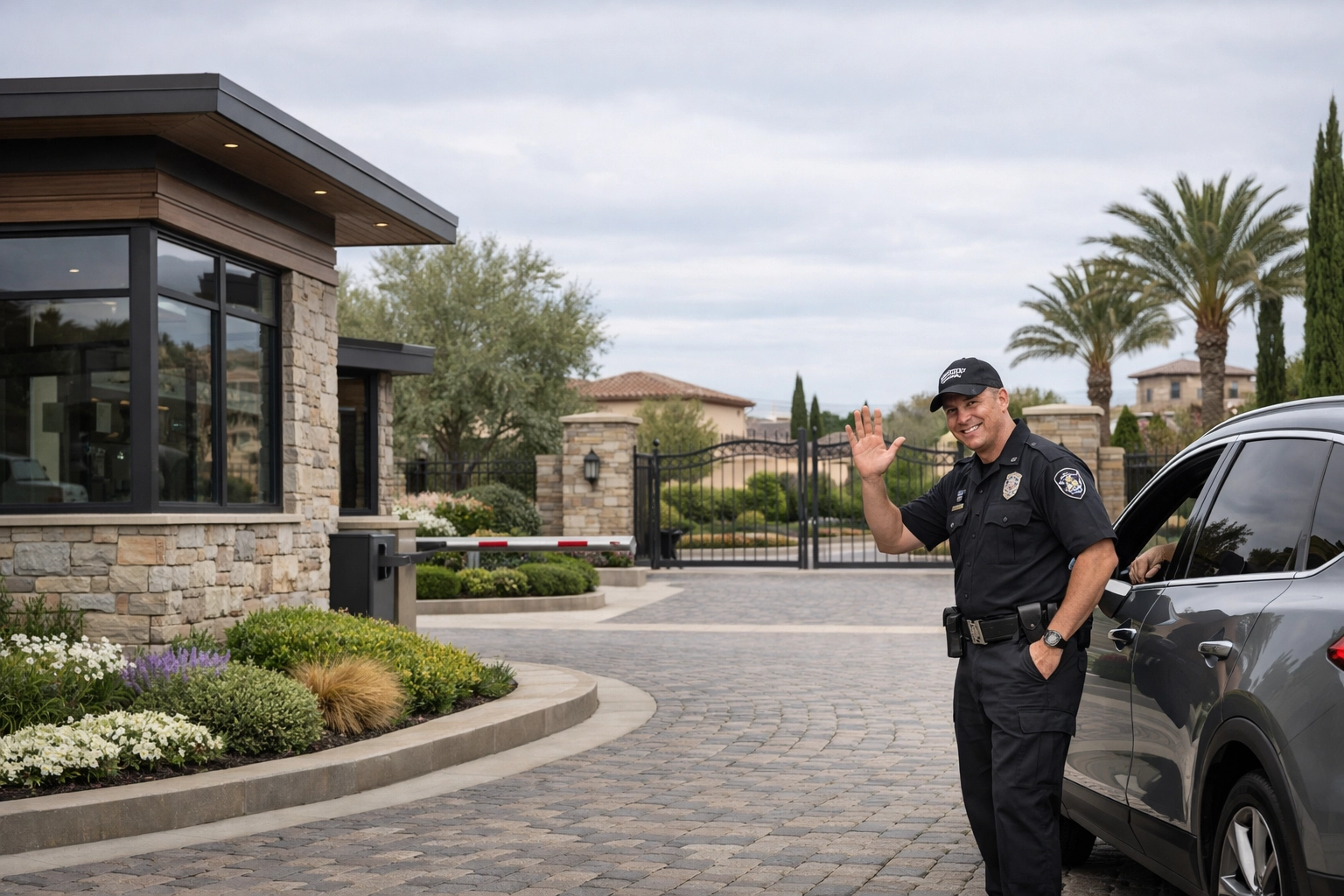 Gated community security California officer greeting a resident at a luxury neighborhood entrance gate.
