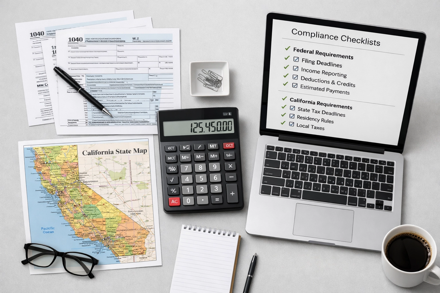 California tax preparation workspace with CTEC compliance documents and state requirements
