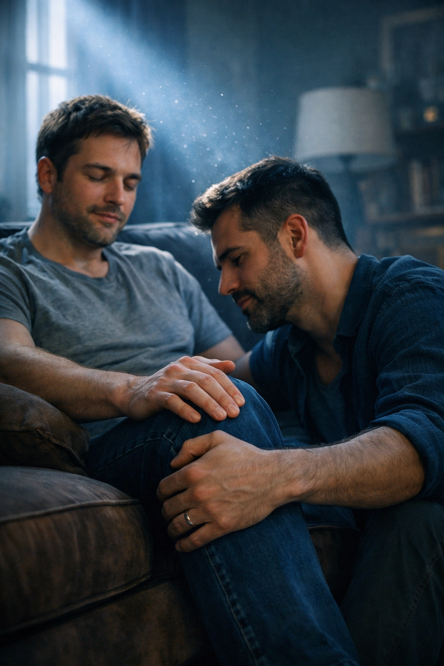 Two men holding hands in a sunlit room, showing the support and queer healing found in MM romance.