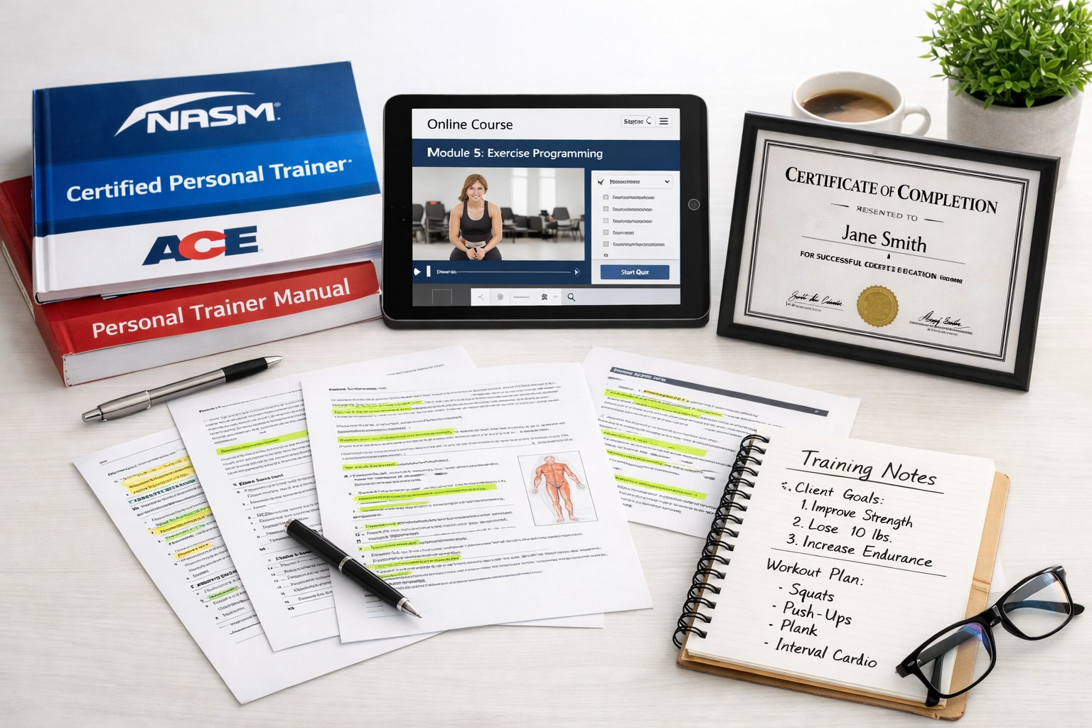 Fitness certification study materials including NASM and ACE textbooks for tax-deductible education