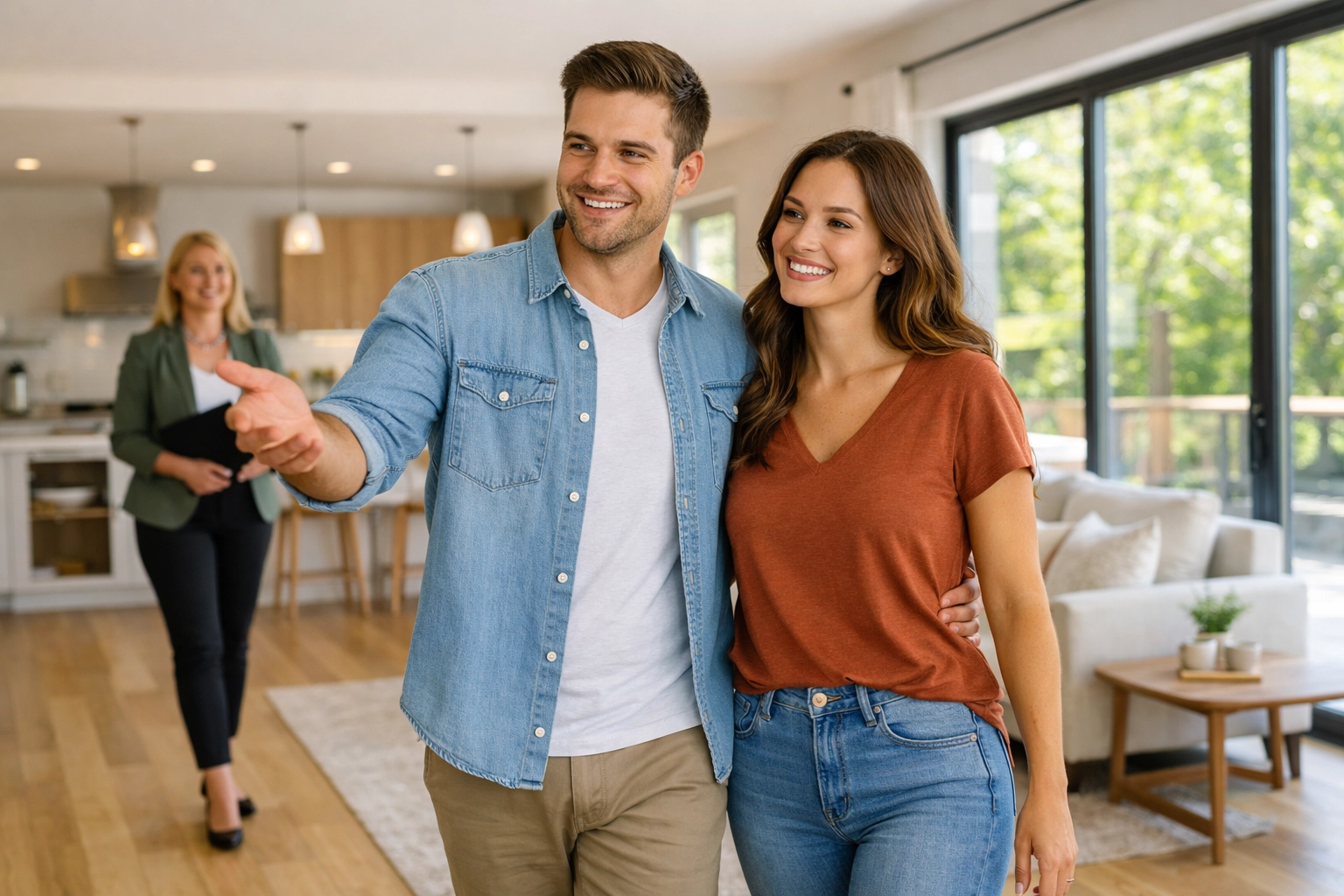 A couple touring a bright, modern open-concept home for sale in Nashville TN during a private showing.