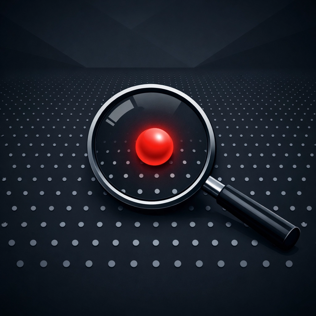 Magnifying glass identifying a single website indexed within a vast digital search database.