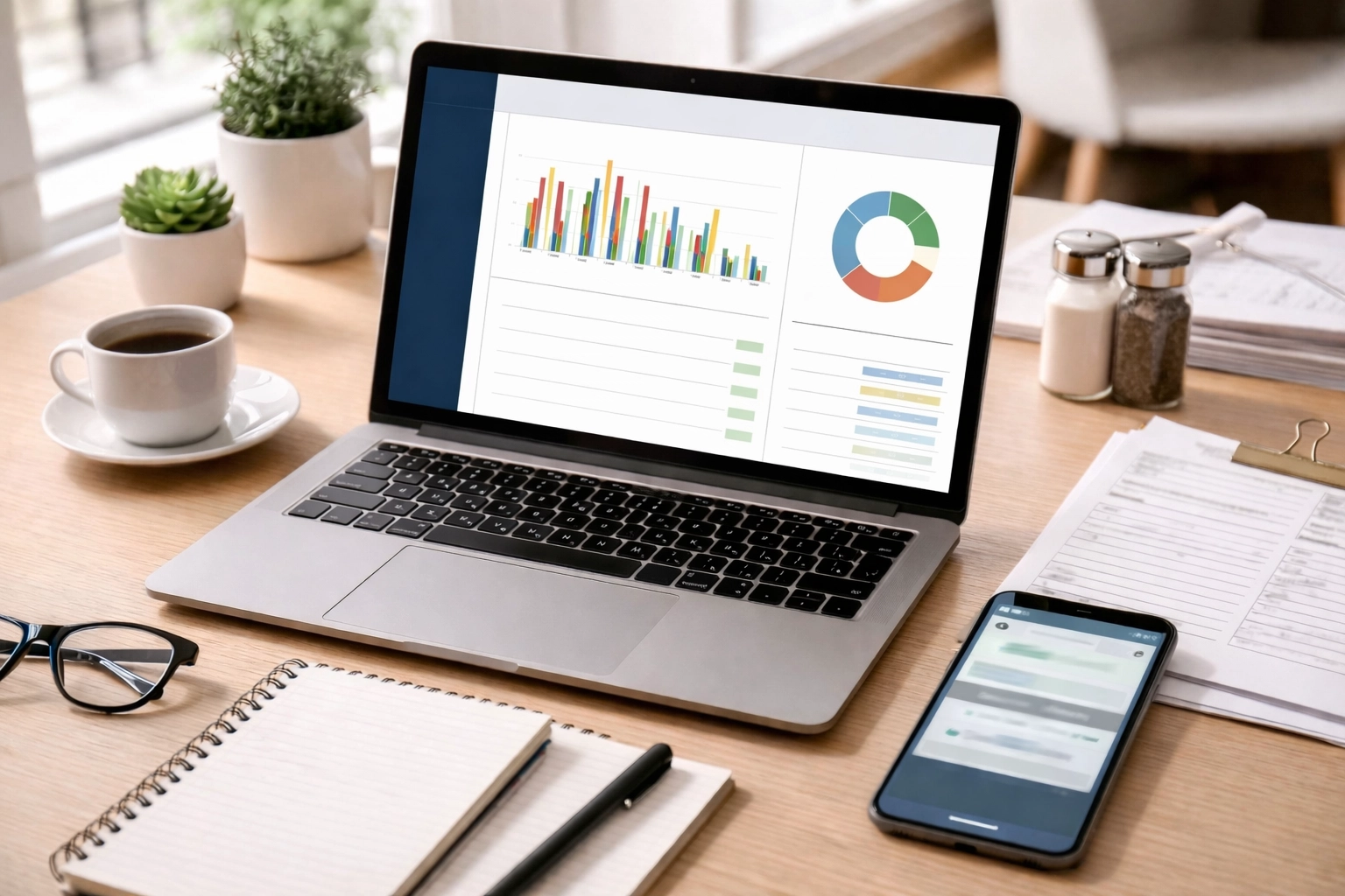 Restaurant inventory management software on laptop displaying stock levels and ordering data
