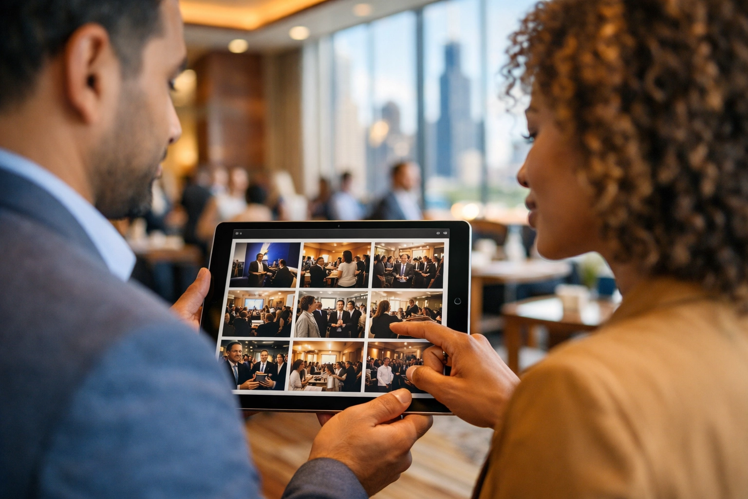 Marketing team reviewing business event photography on a tablet during a Chicago conference.