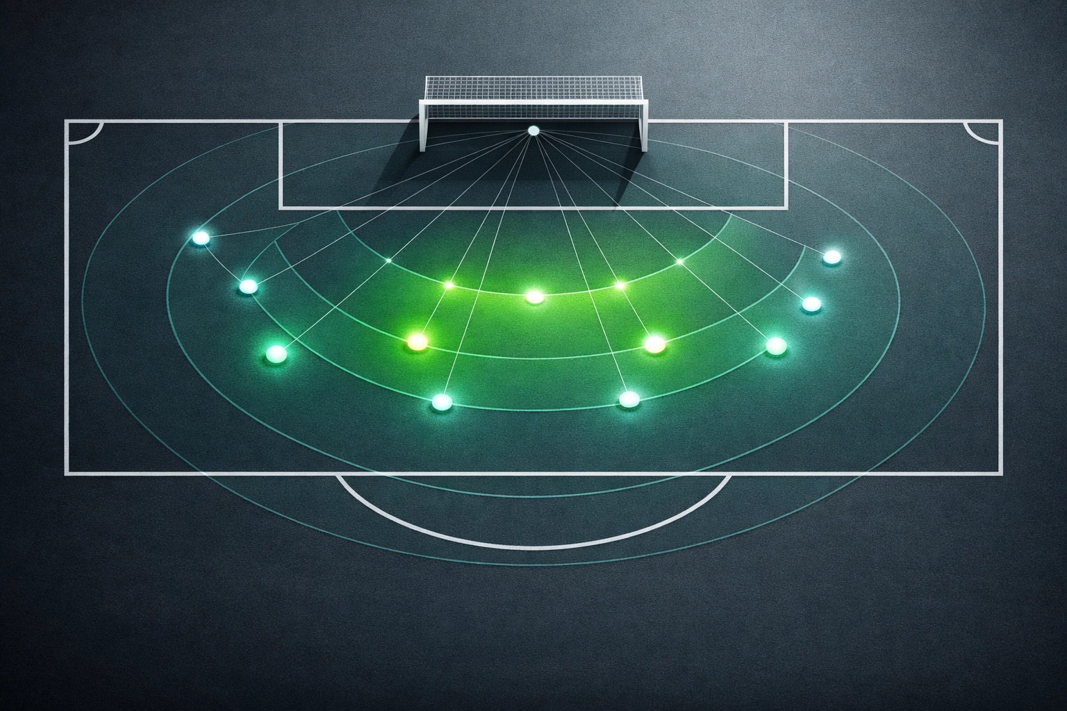 Abstract football pitch layout showing xG football analysis through data nodes and shot probability arcs.