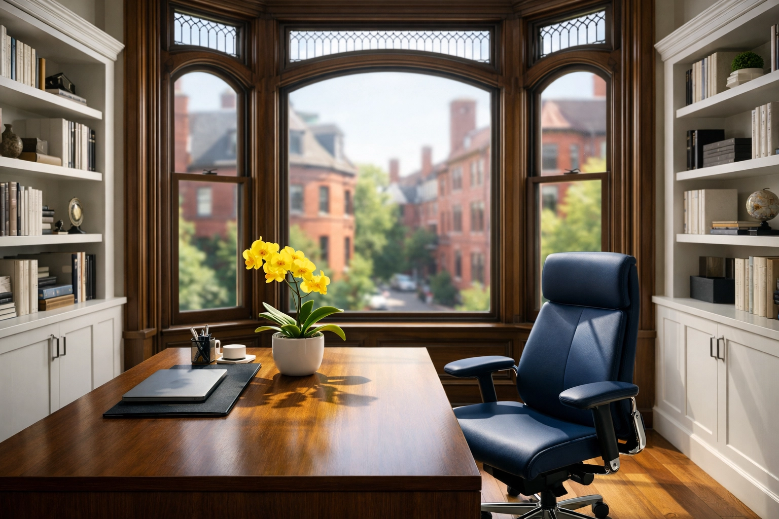 Spotless home office in a historic Cambridge brownstone showing high-end maid service in Harvard Square.