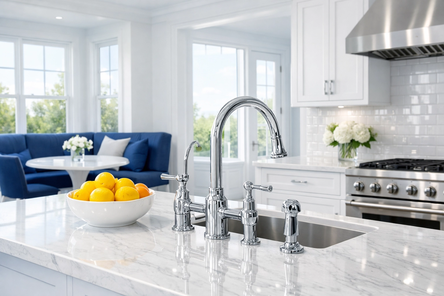 Pristine white kitchen after professional deep cleaning to improve indoor air quality and brain health.