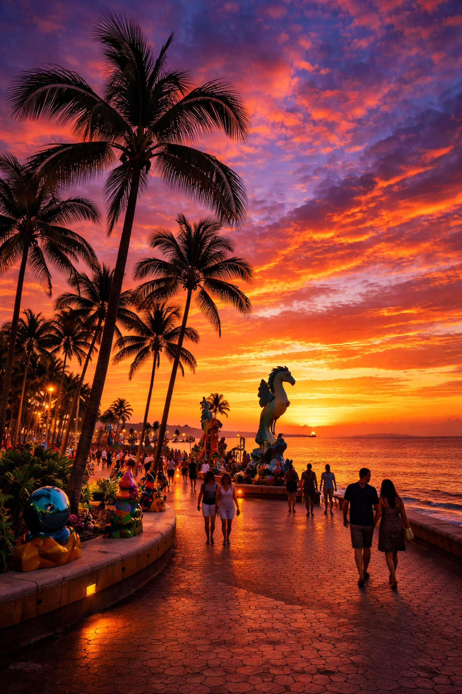 Sunset on the Puerto Vallarta Malecón boardwalk with palm trees and Banderas Bay views