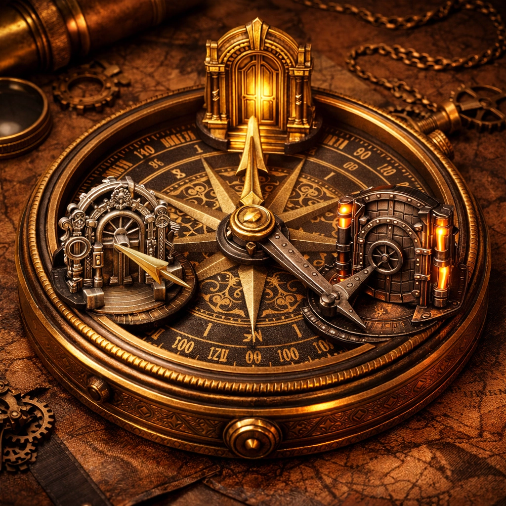 Ornate brass compass on a vintage map symbolizing the choice between Zapier, Make, and n8n for business automation.