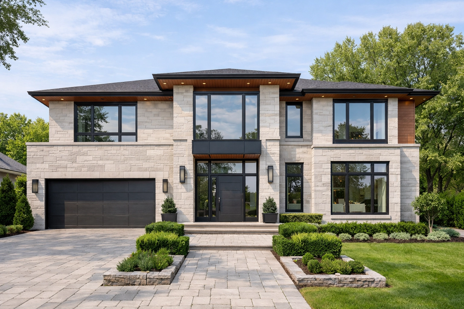 Modern custom built luxury home for sale in Willowdale, North York with limestone facade and manicured garden.