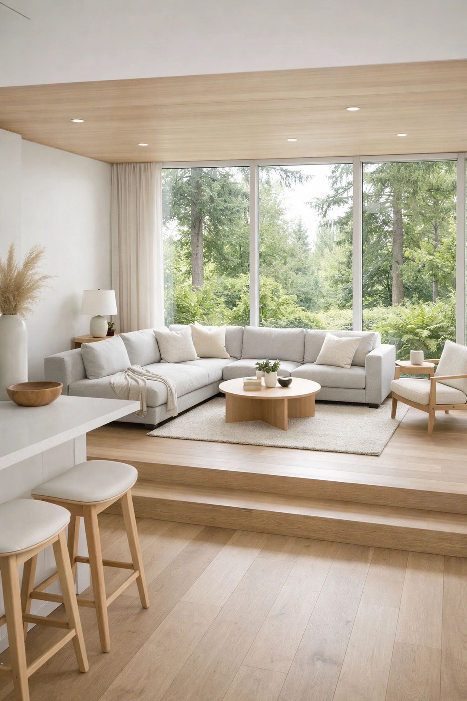 Modern sunken living room zone created by a home renovation contractor Vancouver to define open concept spaces.