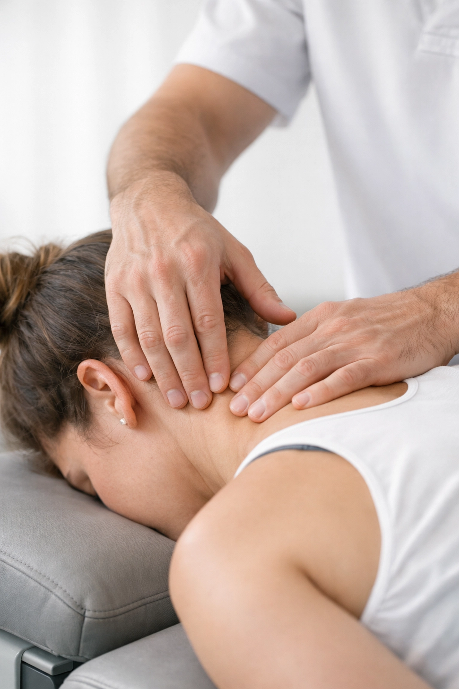 Close-up of a chiropractor’s hands performing a professional adjustment in a clean, clinical setting.