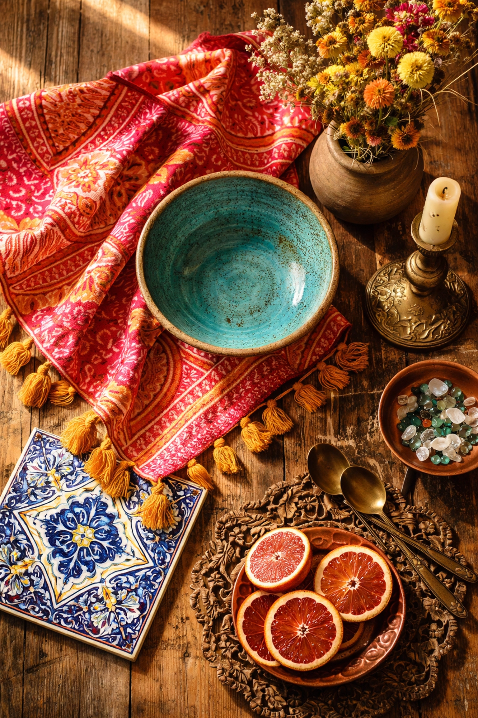 Flat lay of vibrant artisan home decor including ceramic bowls, textiles, and vintage accents, highlighting maximalist style