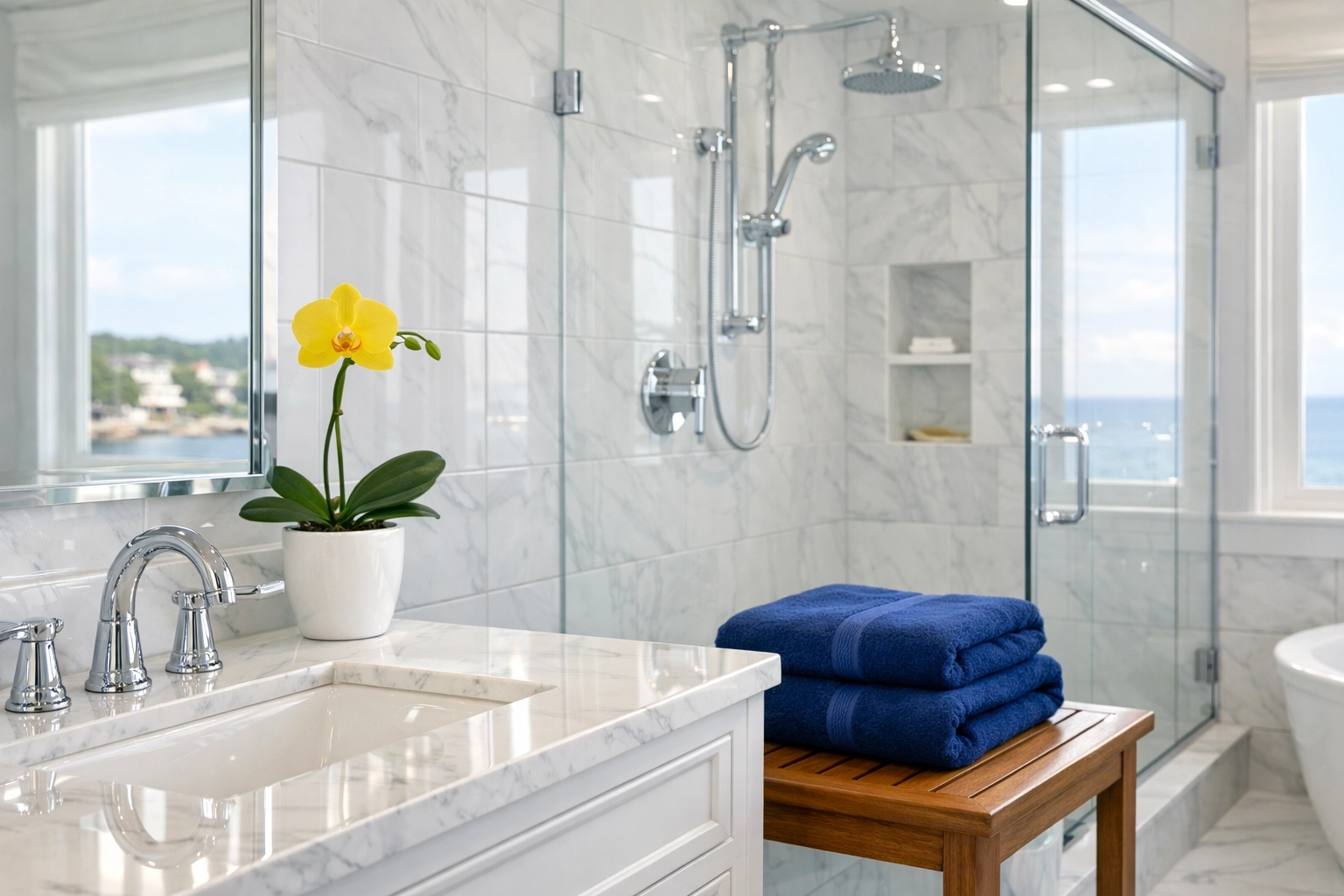 Sparkling marble bathroom with clean grout, maintained by a reliable house cleaning service in Marblehead.