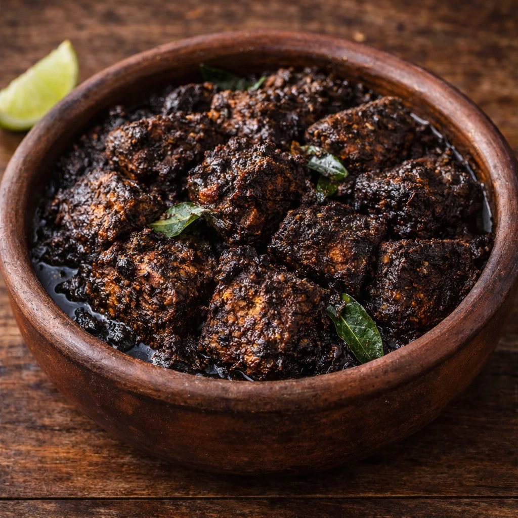 A professional photograph of Fish Ambul Thiyal in a traditional clay pot.