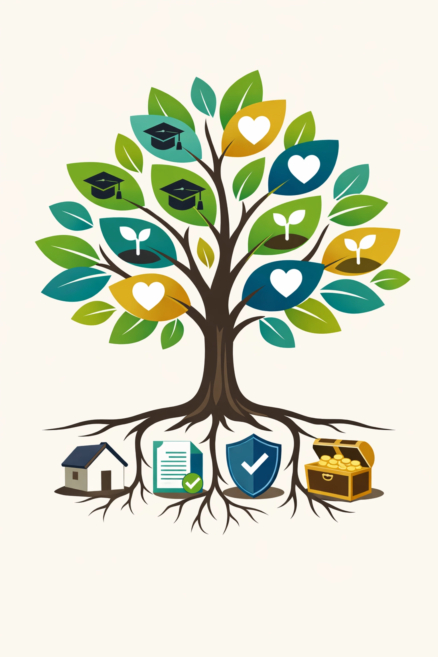 Family tree illustrating generational wealth transfer with education and legacy symbols