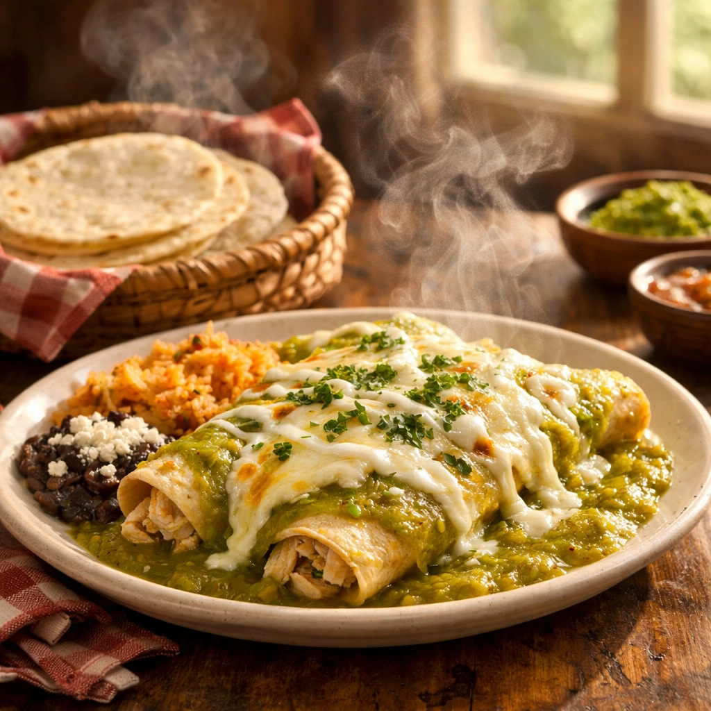 A plate of cheesy Enchiladas Suizas with green salsa and fresh corn tortillas, a top budget travel meal.