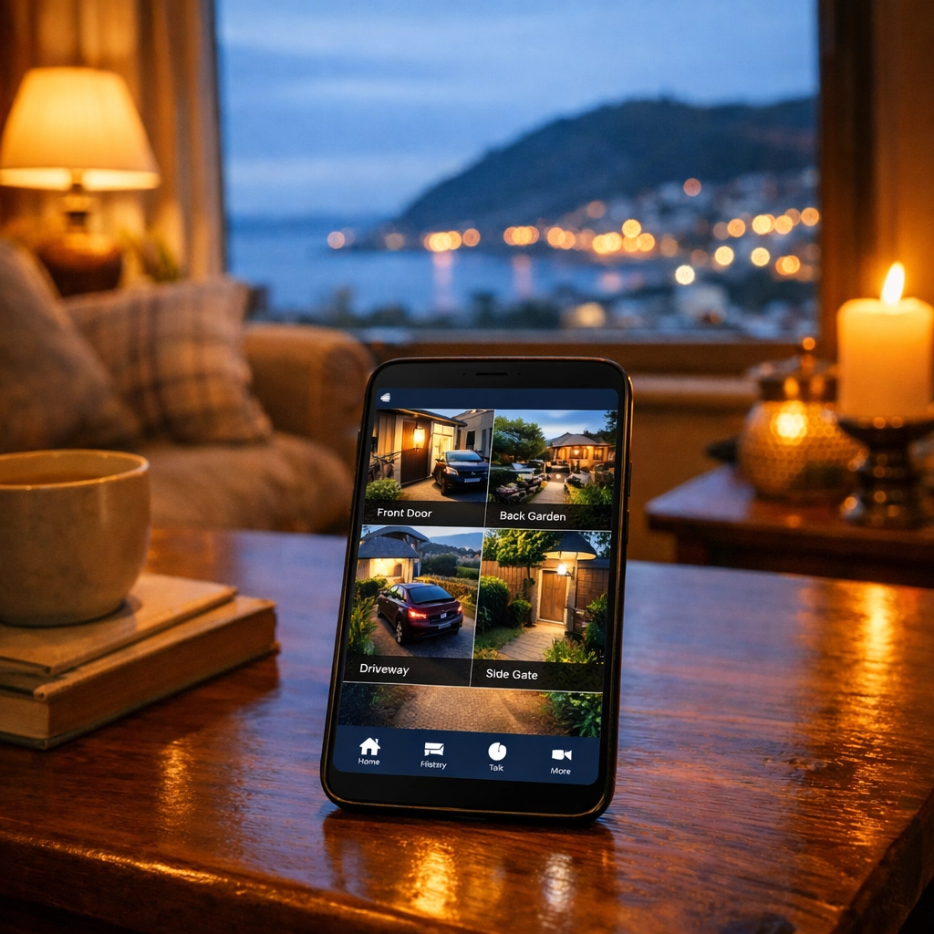 Remote CCTV viewing on a smartphone, providing peace of mind for homeowners in Minehead, Somerset.