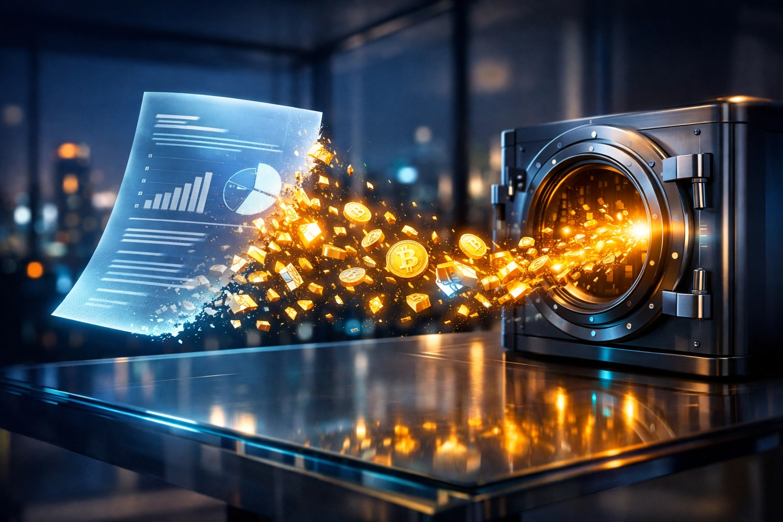 Visualization of Web3 receivables tokenization where business invoices become liquid digital tokens.