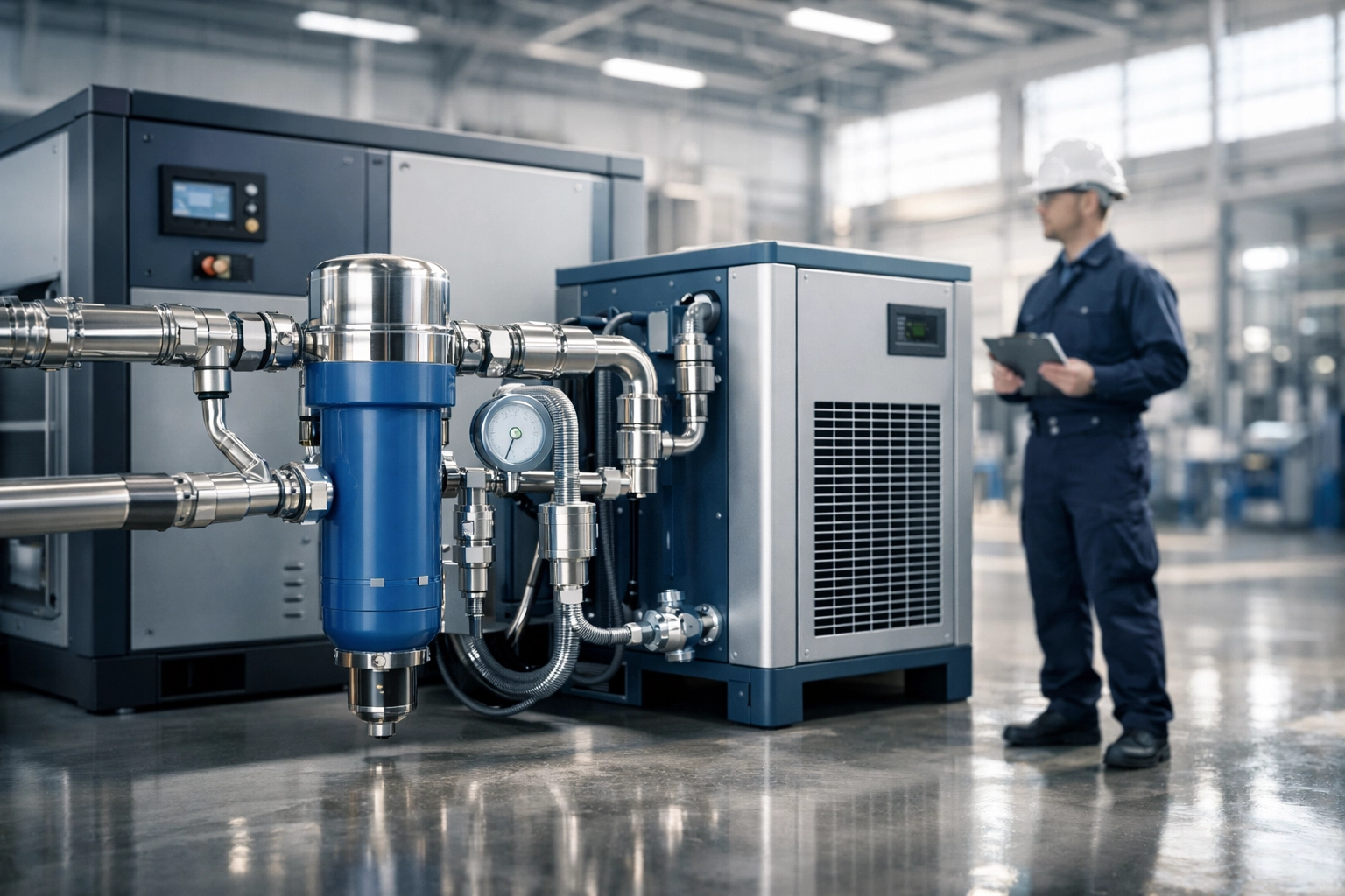 High-efficiency refrigerated air dryer and PMV screw compressor unit in a clean-room manufacturing plant.