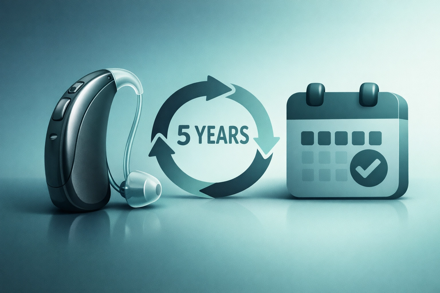 Hearing aid and calendar icon representing the 5-year renewal period for pensioner subsidies.