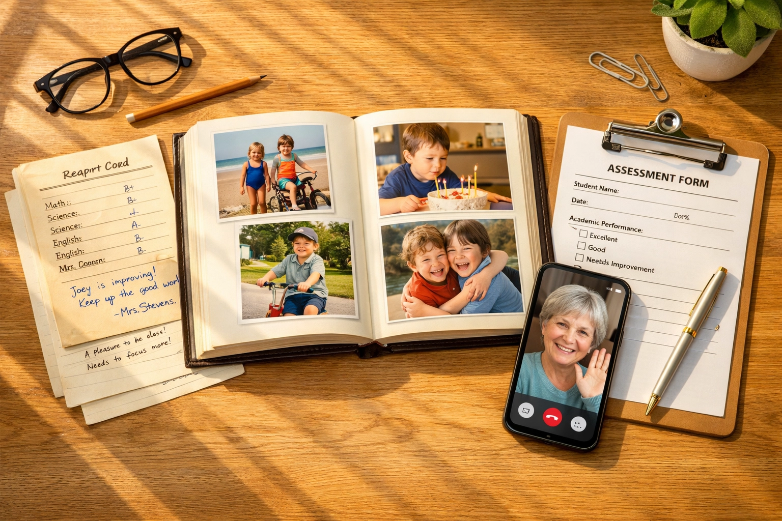 ADHD evaluation materials including report cards, family photos, and assessment forms on desk