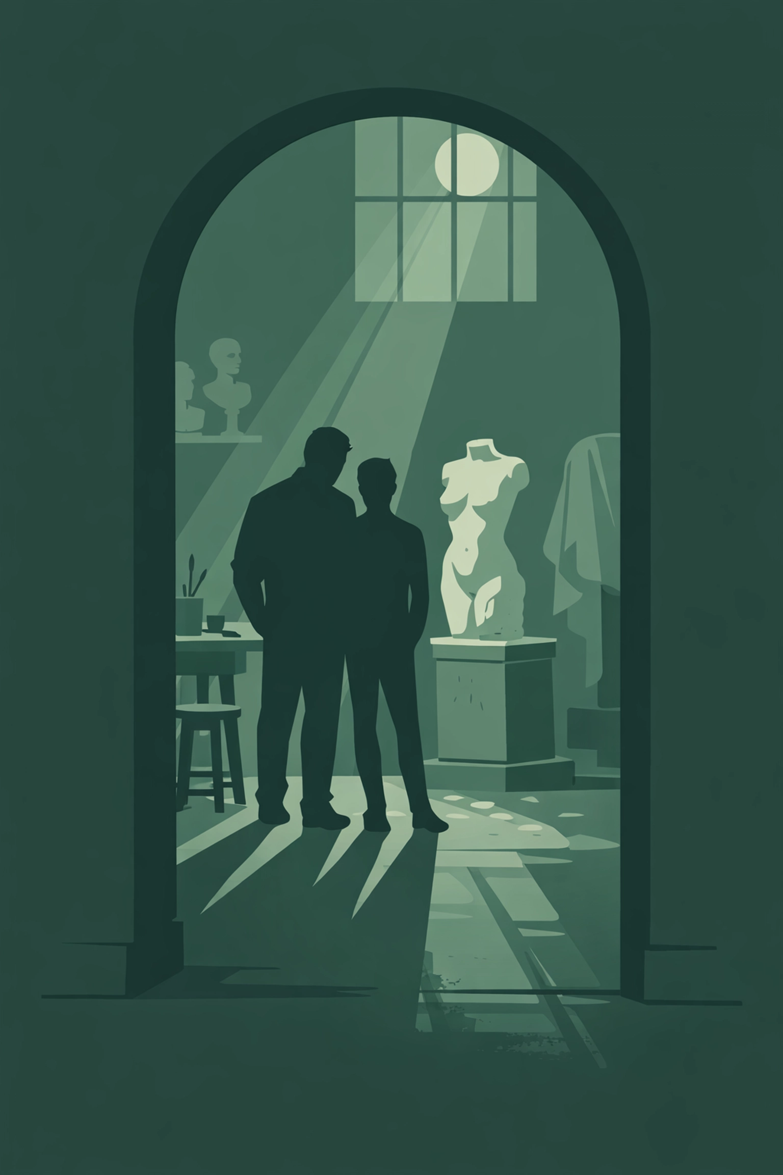 Sculptor and apprentice silhouettes in moonlit Roman studio - intimate MM historical romance scene