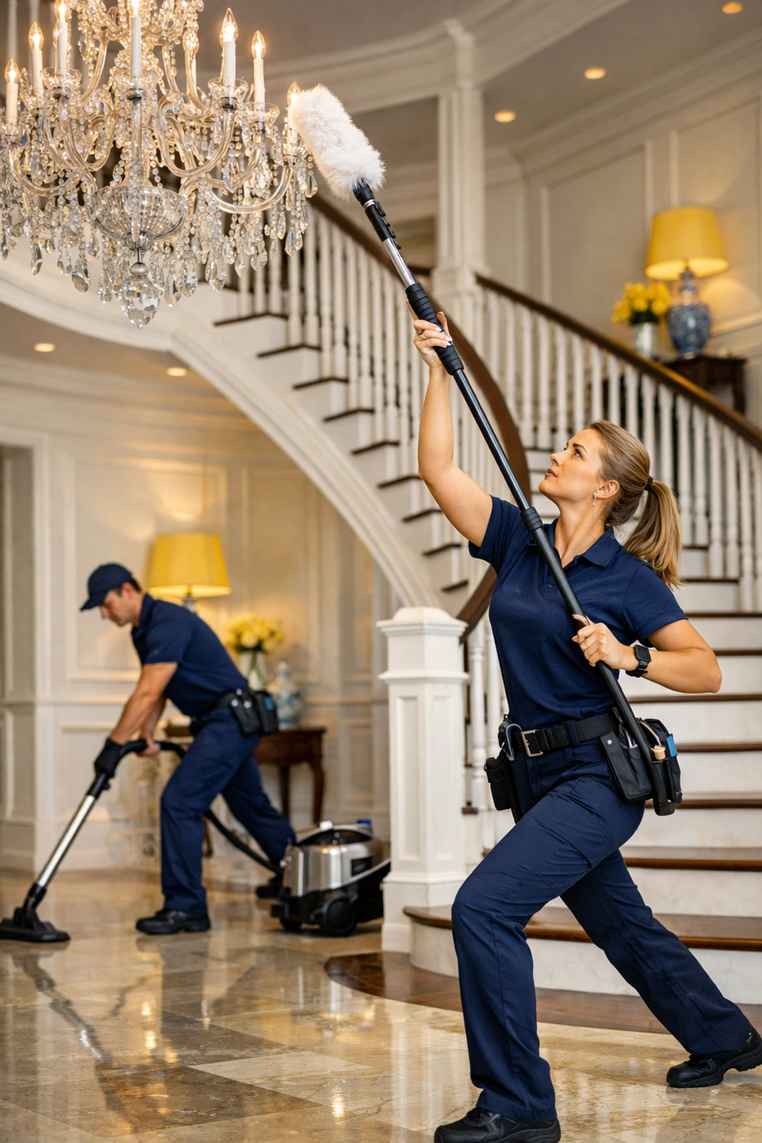 Professional cleaners providing efficient residential cleaning Massachusetts in a grand Dover foyer.