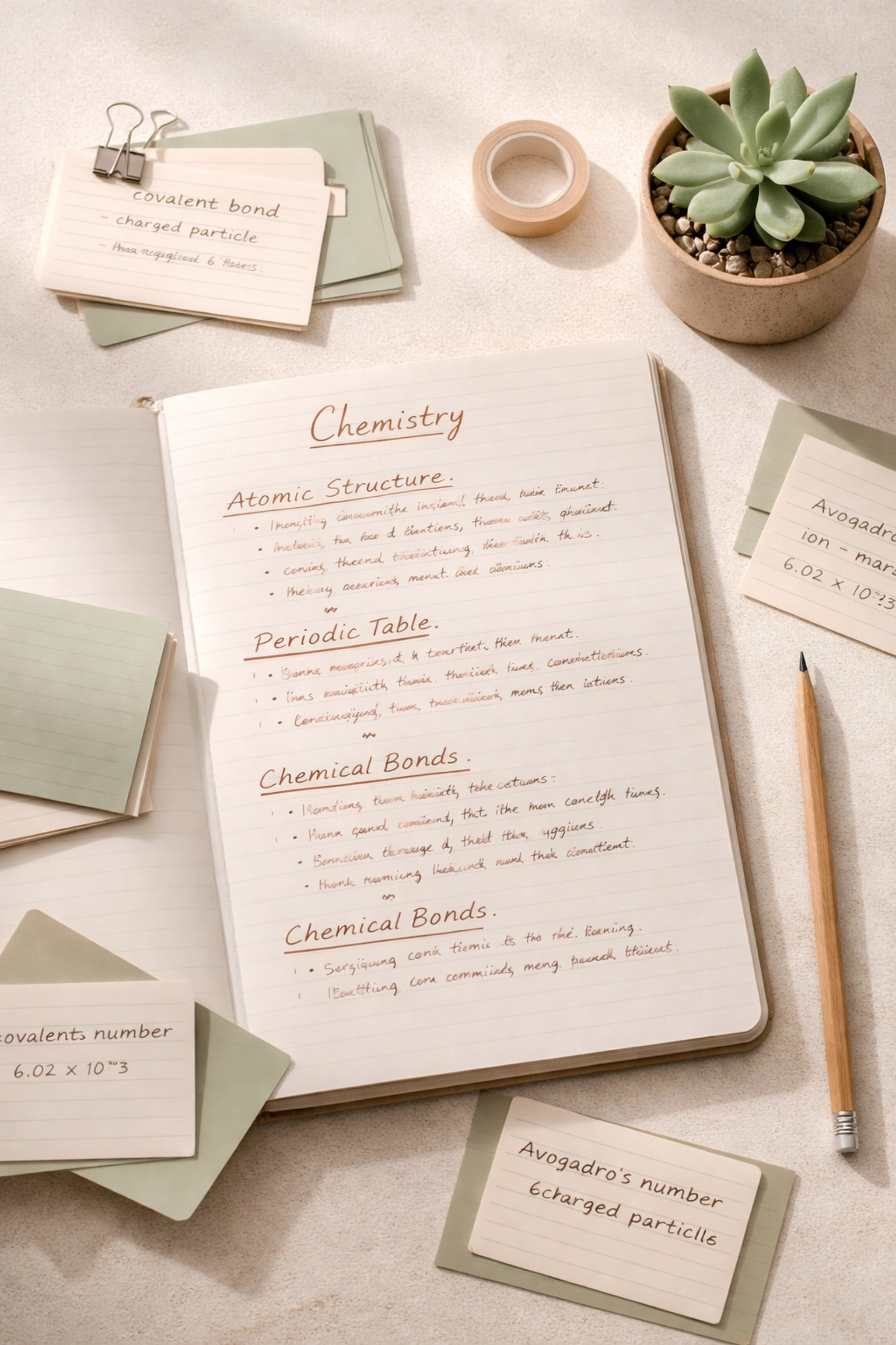 Flat-lay photo of a chemistry notebook with key phrases underlined and index cards for exam language mastery