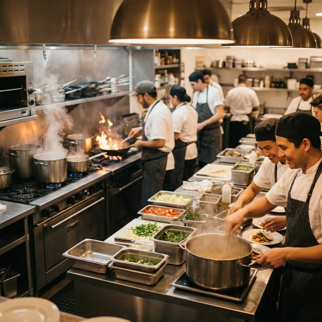 Team of cooks work together in a bustling restaurant kitchen, highlighting collaborative restaurant staffing.