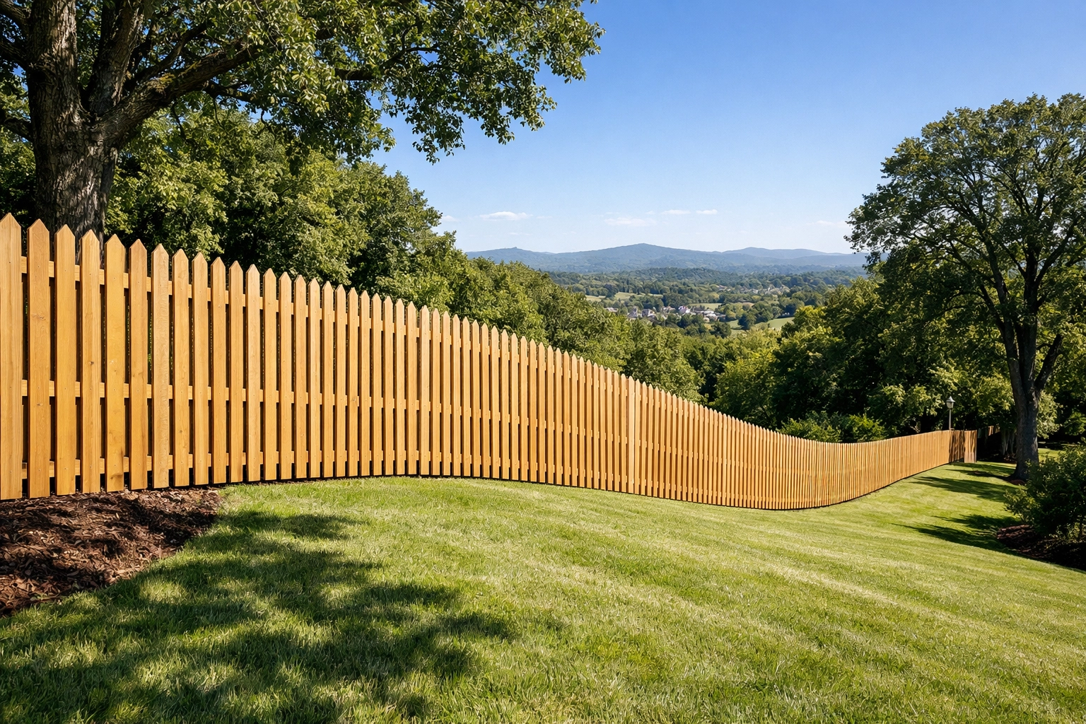 Custom wood picket fence following the landscape grade by expert fence companies in Knoxville Tennessee.
