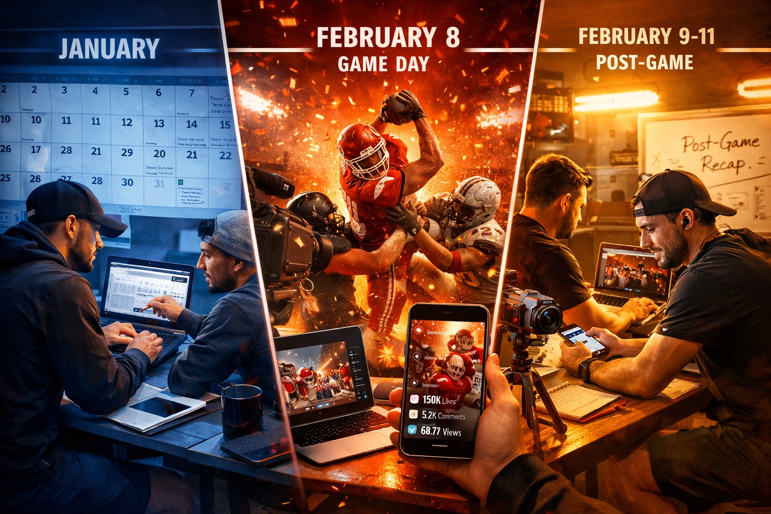 Three-phase Super Bowl NIL marketing timeline from pre-game hype to post-game engagement