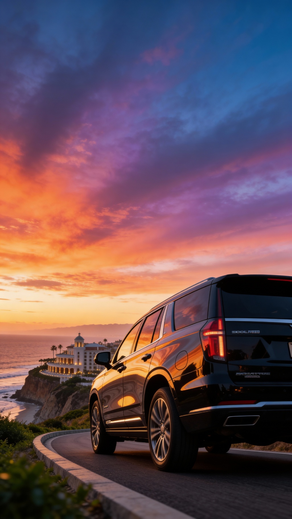 Luxe Elite Black SUV on Coastal Road