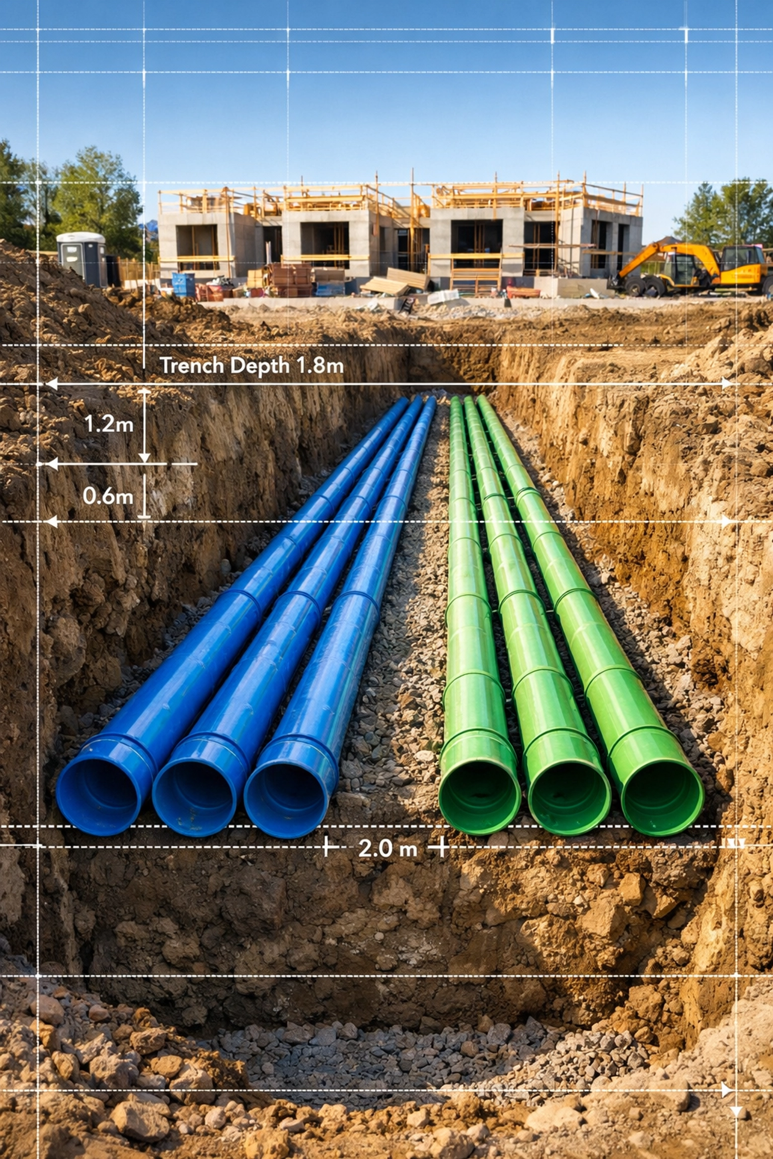 Construction site utility trench showing water and sanitary pipes for an Ontario 4-plex development.