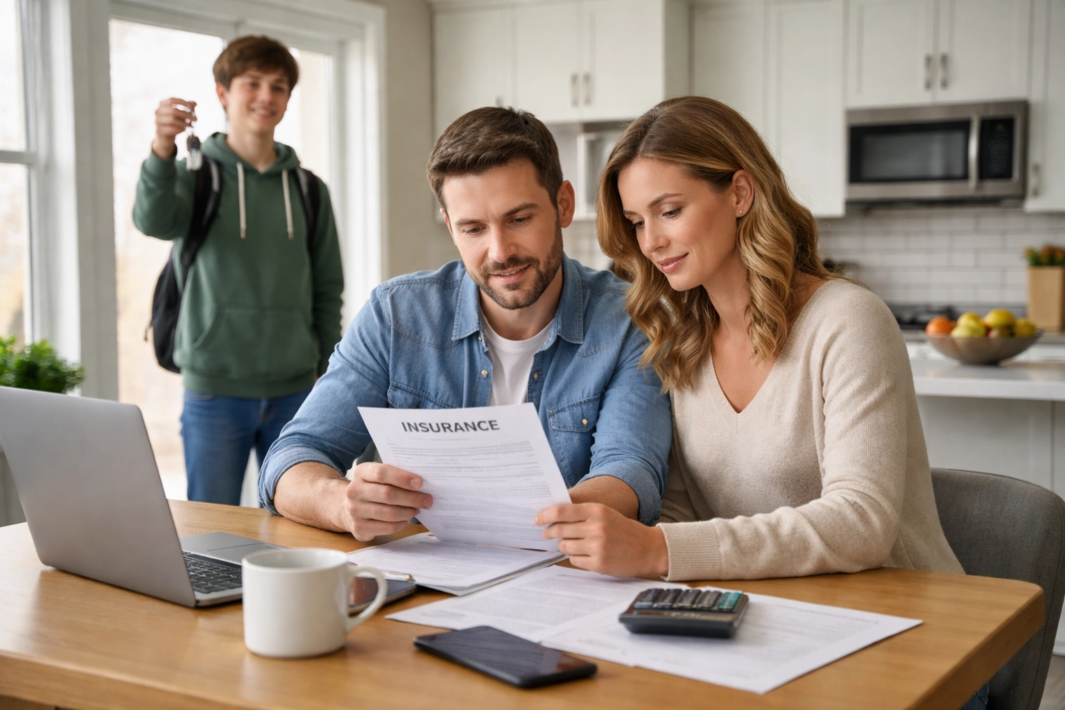 Couple reviewing auto insurance documents with teen driver holding car keys, showing impact of adding drivers on premiums